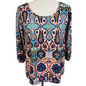 Francesca’s Blue Rain Colorful Artsy Patterned Blouse Small